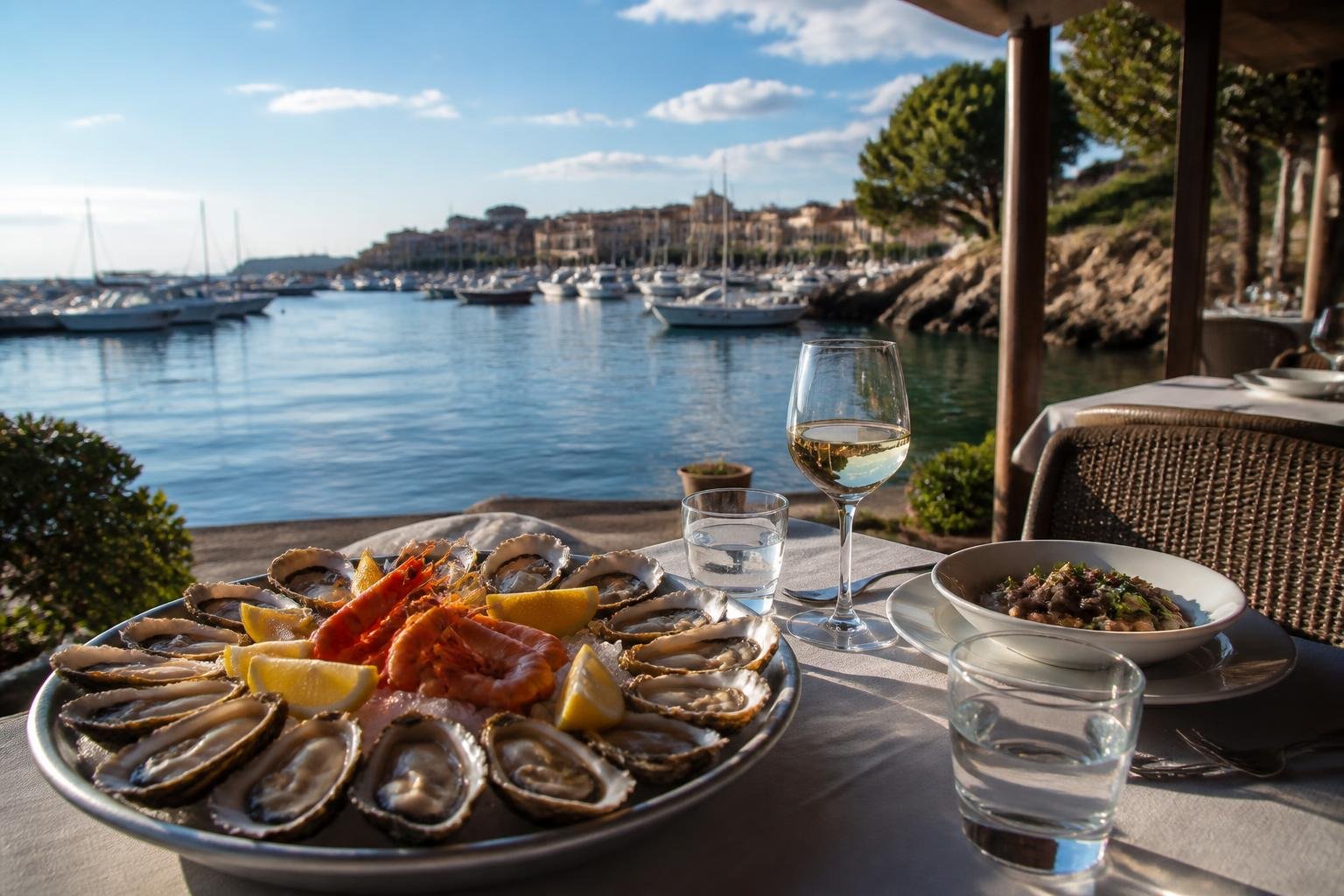Terrasse de restaurant avec vue sur un port, plateaux de fruits de mer et ambiance côtière