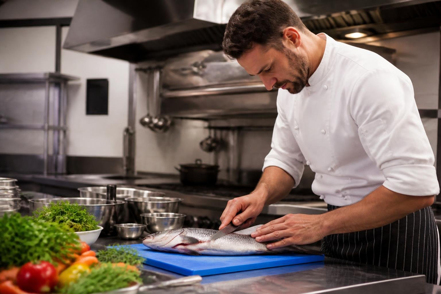 Chef en cuisine préparant un poisson frais sur le plan de travail