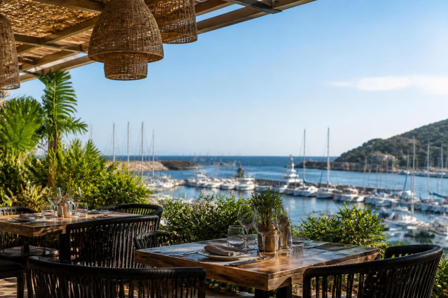 Terrasse de restaurant avec vue sur le port et l'océan, ambiance côtière conviviale